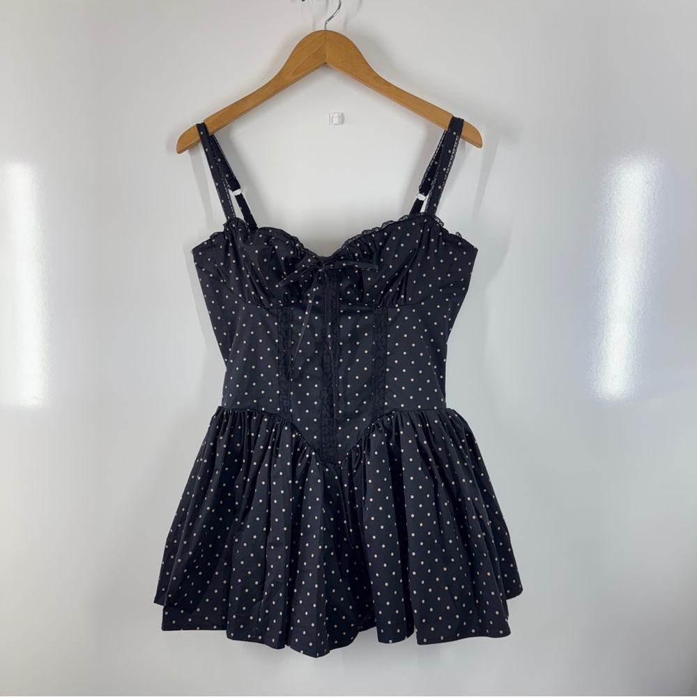 R+F Women Polka Dot Corset Mini Dress Lace Trim Fit Flare Sz M Black Coquette - Picture 6 of 15